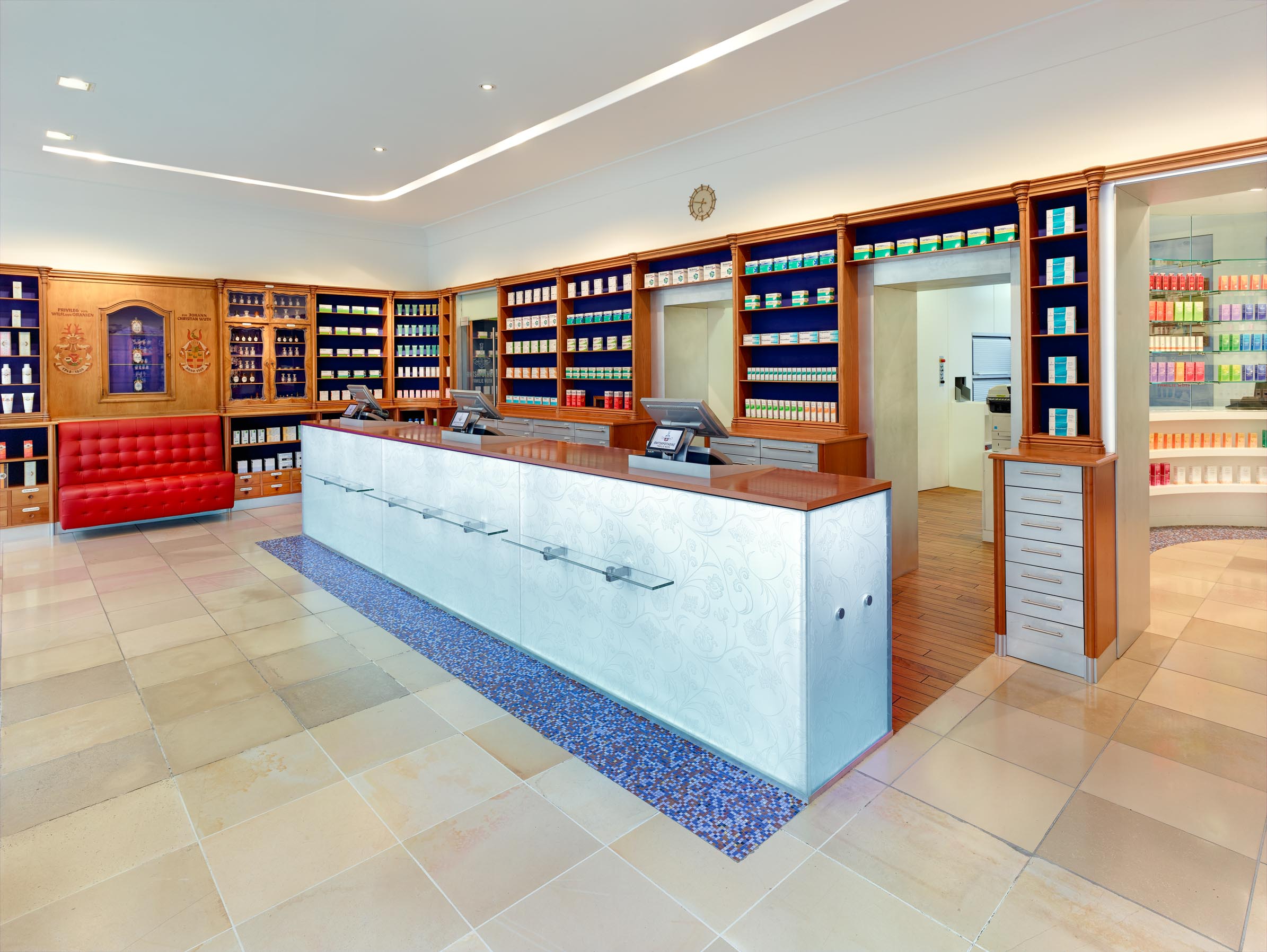 Prescription counter with restored cherry wood medicine display