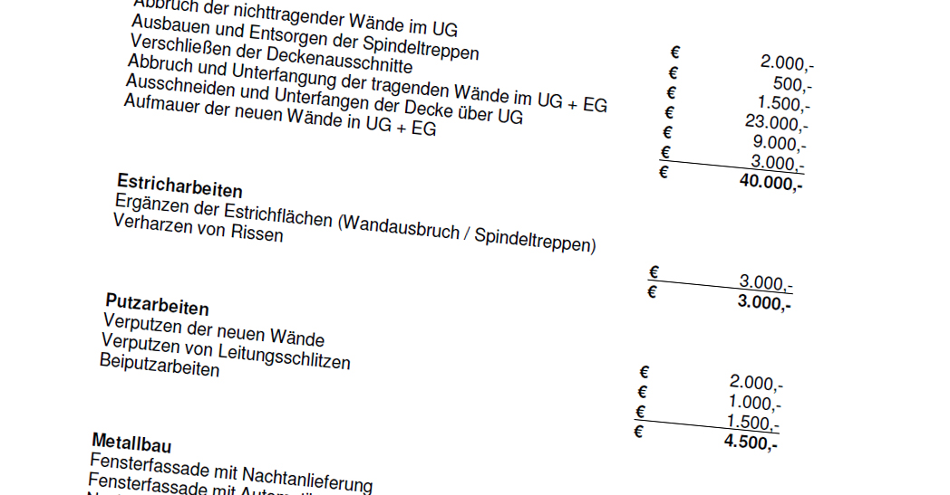 Ausschnitt einer Kostenschätzung