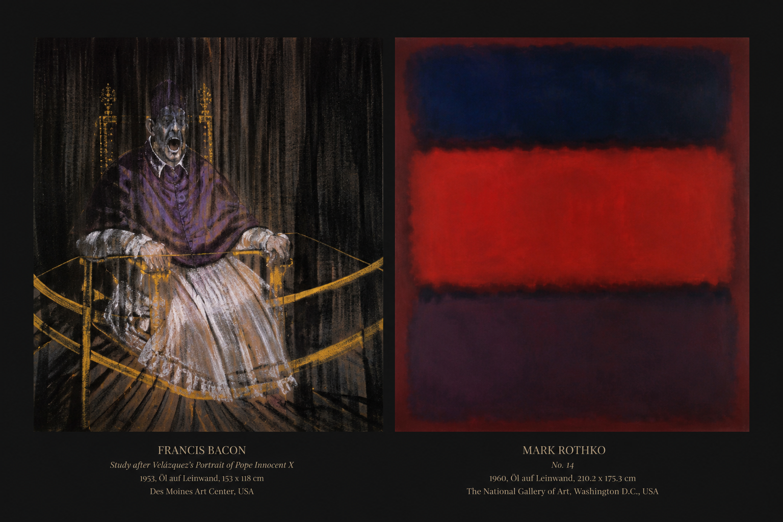 Gegenüberstellung von Kunstwerken: Study after Velazquez von Francis Bacon und No. 14 von Mark Rothko als gestalterische Inspiration